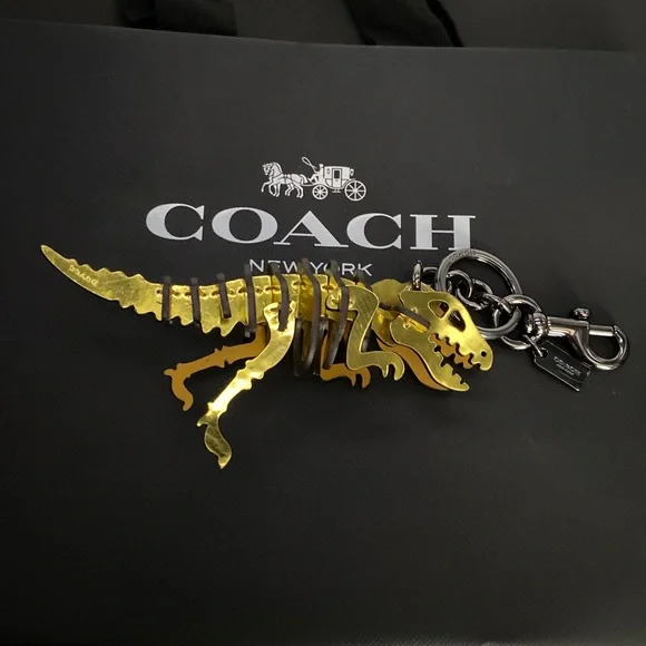 Coach Gold Metallic Rexy Dinosaur Puzzle Fob Small Bag Charm Keychain NWOT Leath - Picture 8 of 11